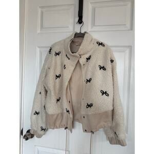 Mystree Ivory Textured Sherpa Jacket with Black Embroidery - Size L #61243